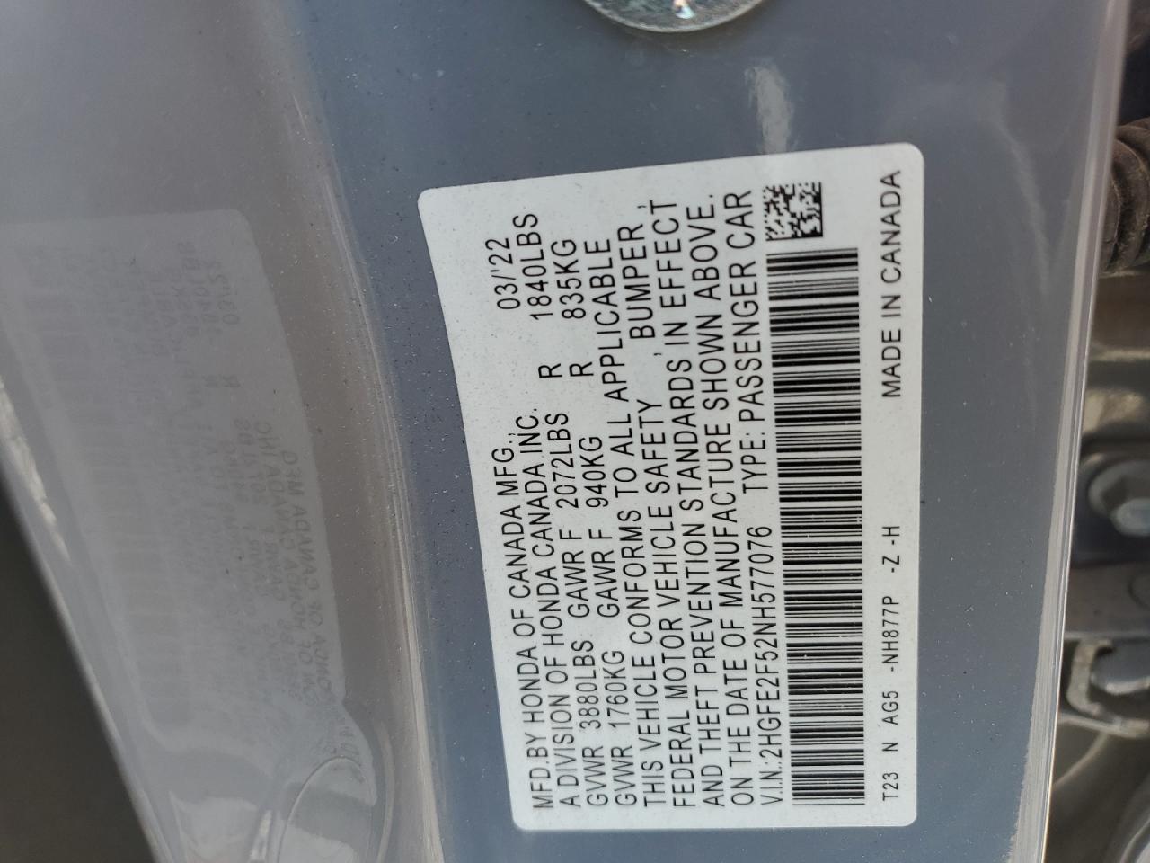 2022 HONDA CIVIC SPORT VIN:2HGFE2F52NH577076