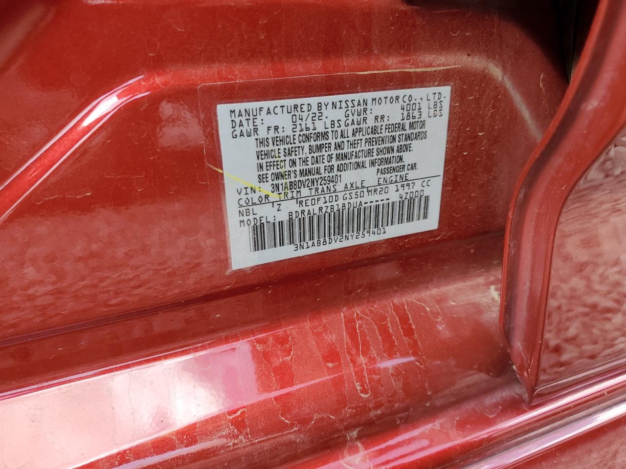 2022 NISSAN SENTRA SR VIN:3N1AB8DV2NY259401