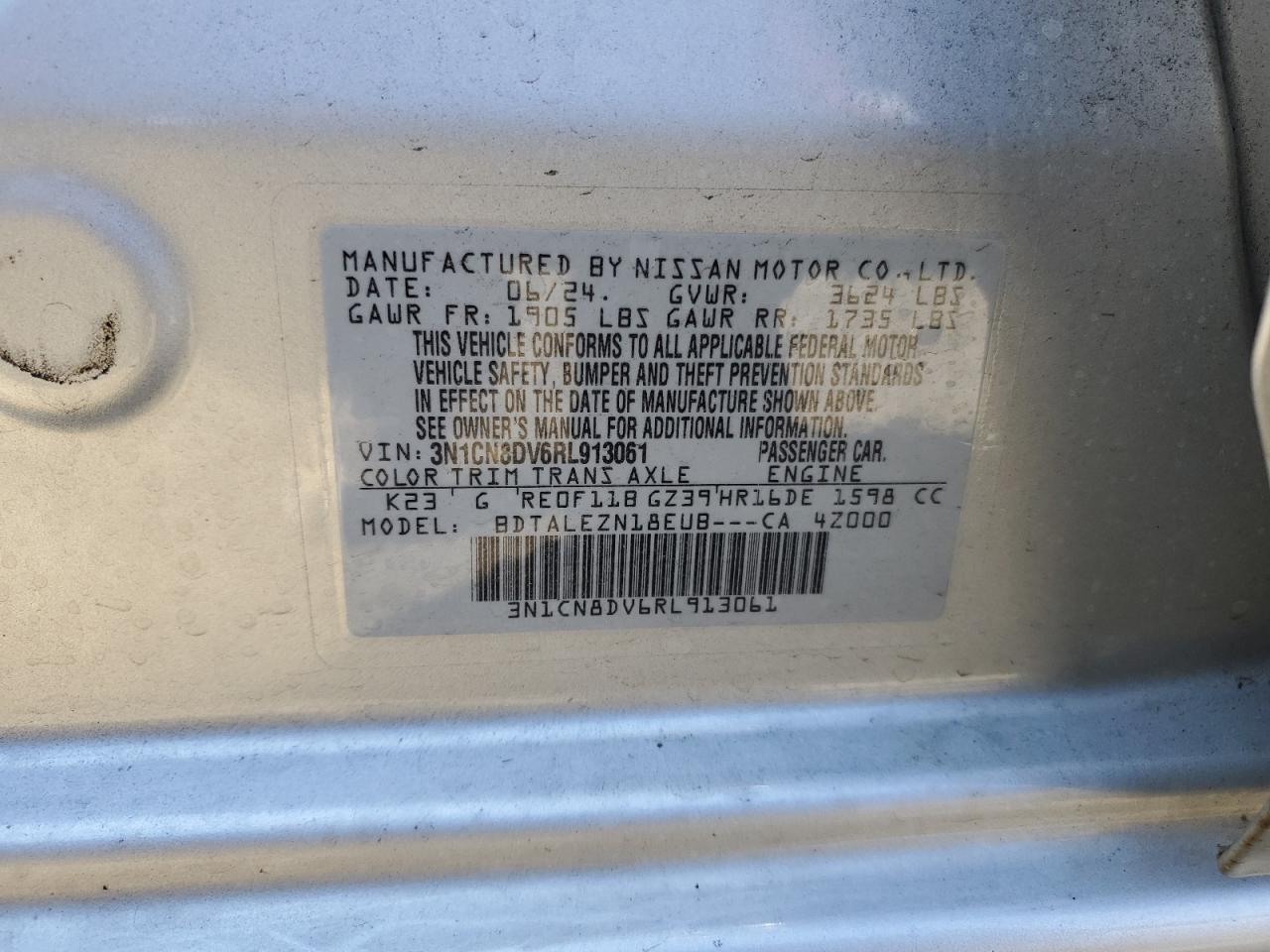 2024 NISSAN VERSA S VIN:3N1CN8DV6RL913061