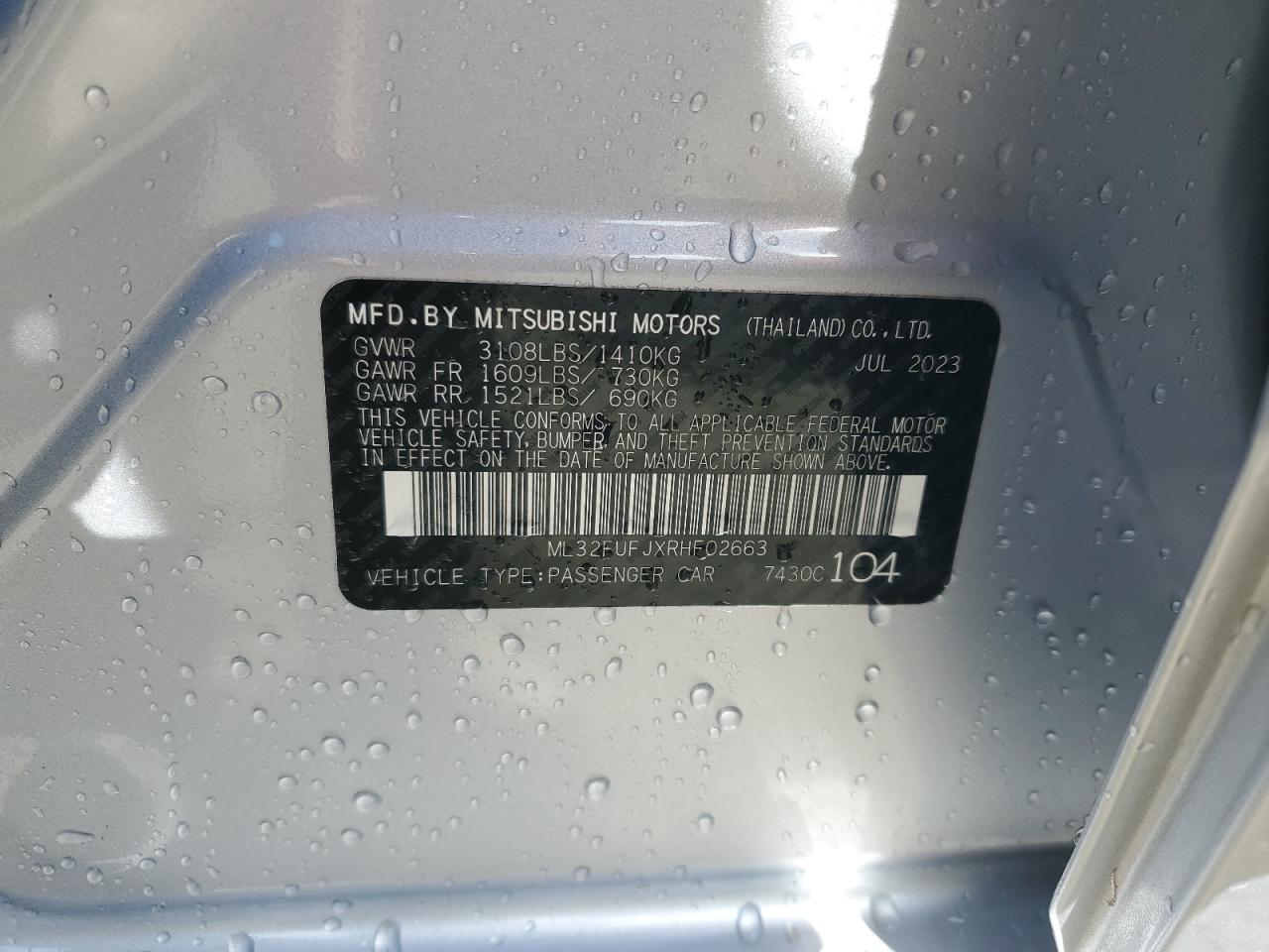 2024 MITSUBISHI MIRAGE G4 ES VIN:ML32FUFJXRHF02663