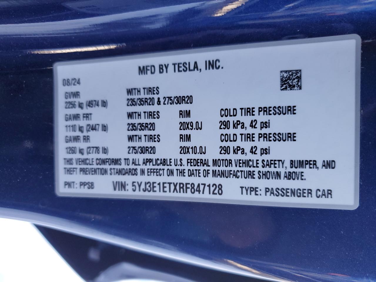 2024 TESLA MODEL 3  VIN:5YJ3E1ETXRF847128