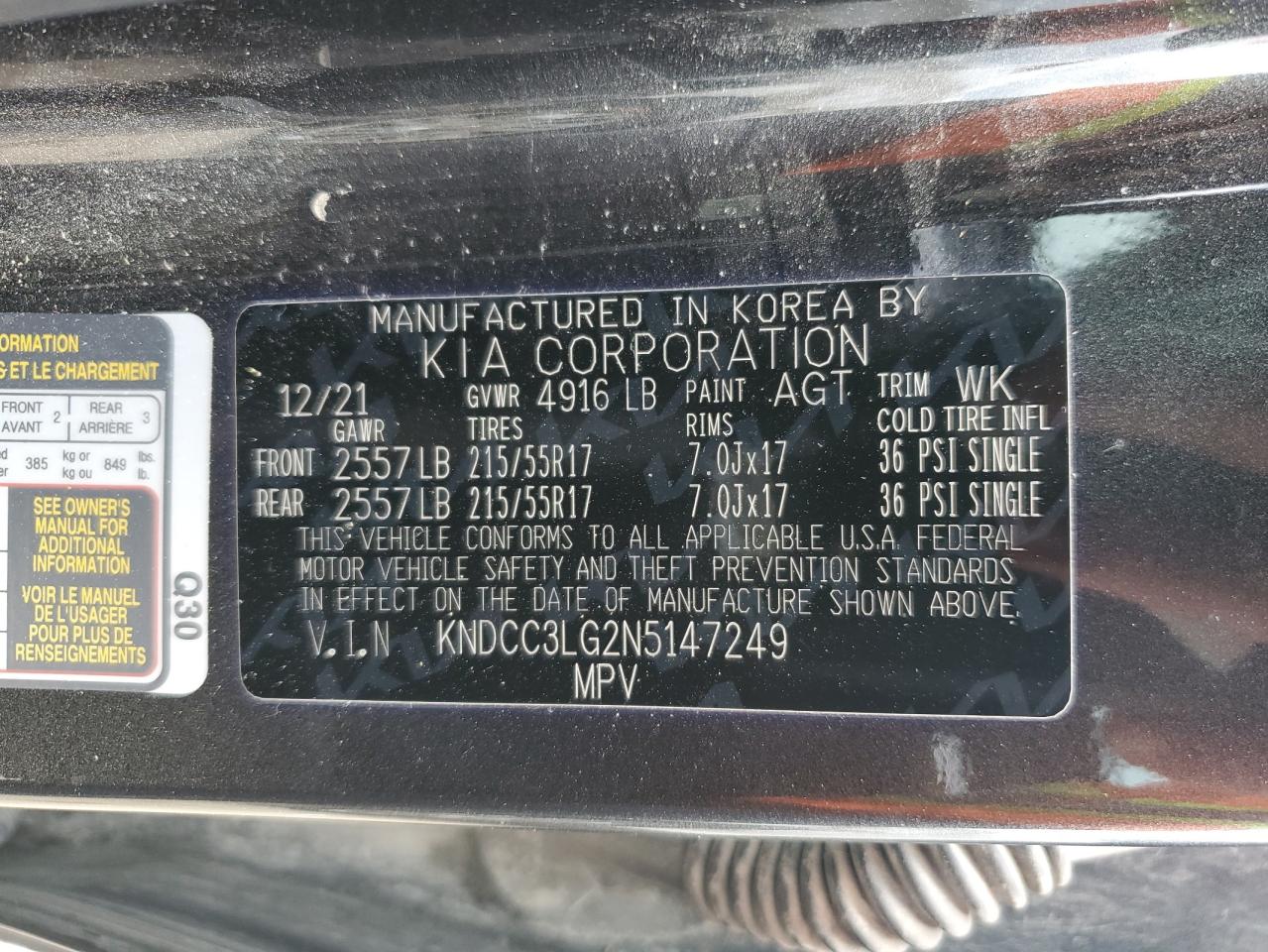 2022 KIA NIRO S VIN:KNDCC3LG2N5147249