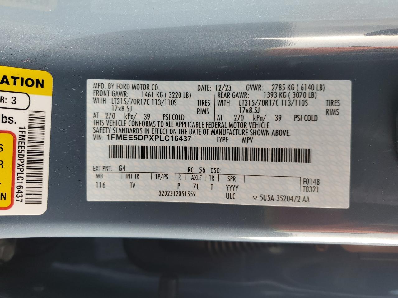2023 FORD BRONCO BASE VIN:1FMEE5DPXPLC16437