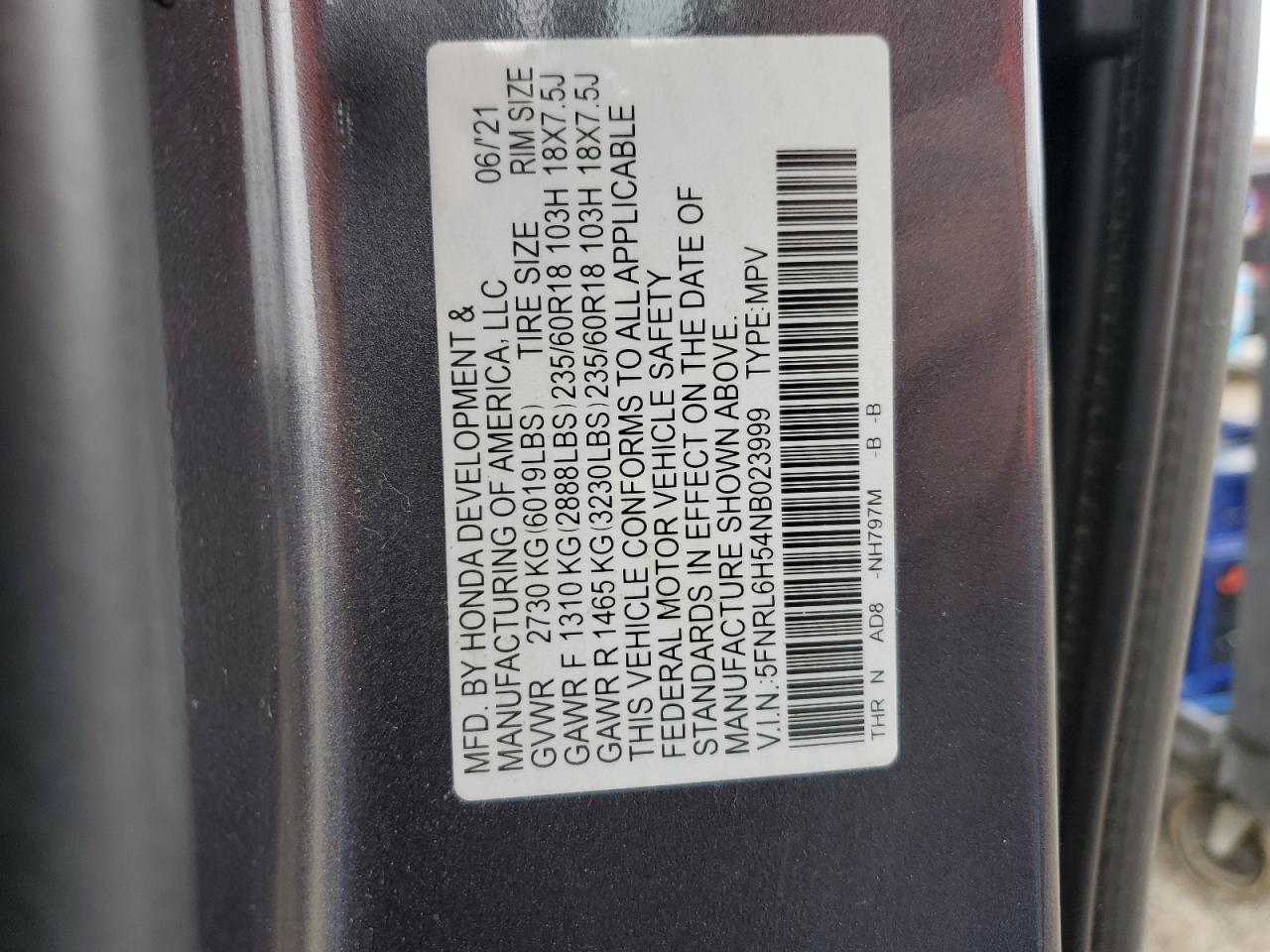 2022 HONDA ODYSSEY EX VIN:5FNRL6H54NB023999