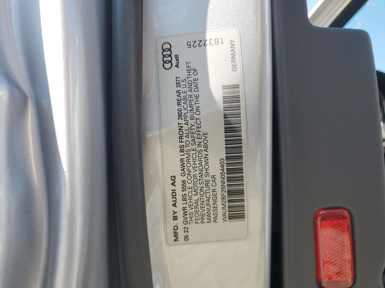 2022 AUDI A6 PRESTIGE VIN:WAUM2BF25NN054403