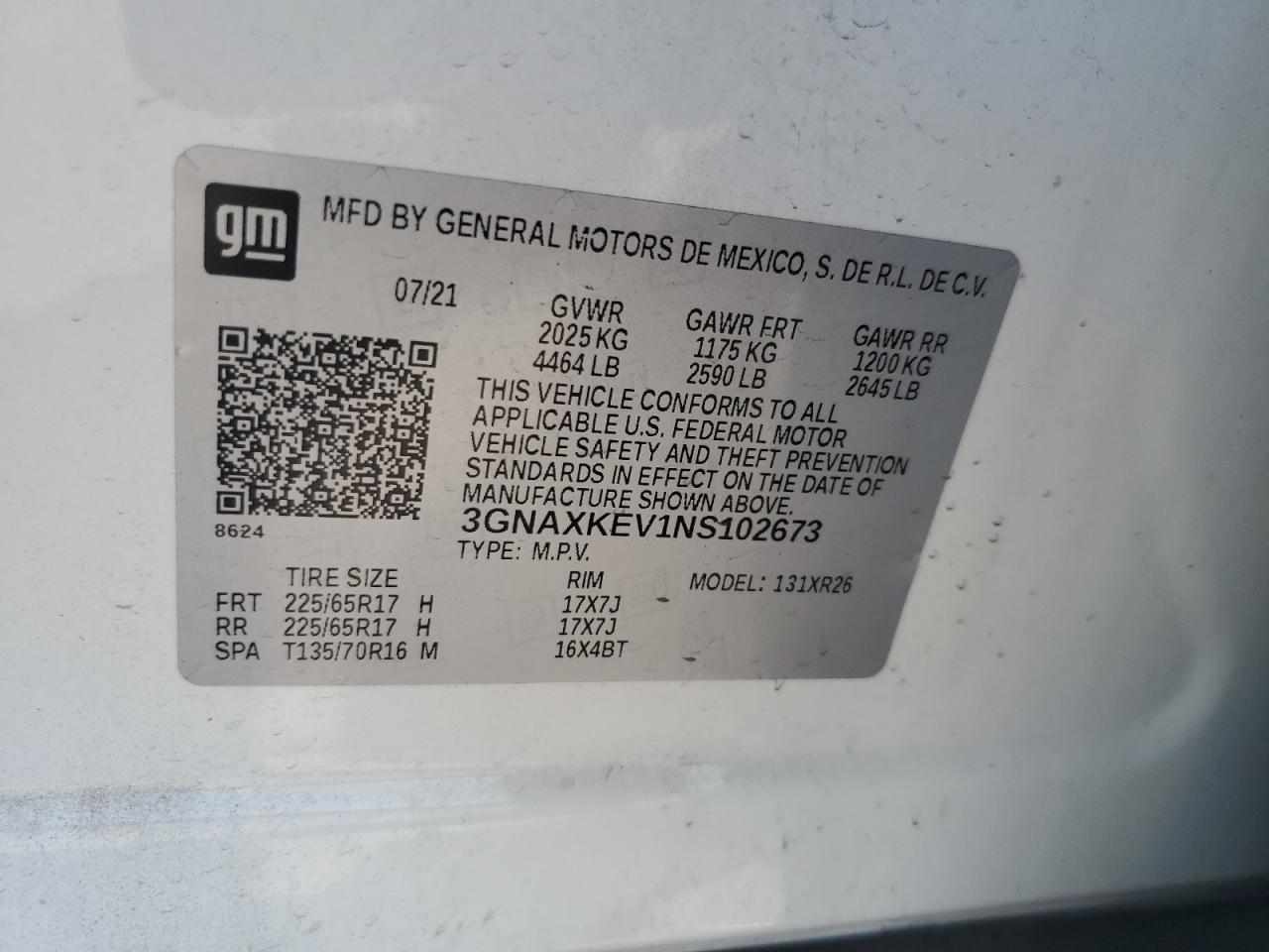 2022 CHEVROLET EQUINOX LT VIN:3GNAXKEV1NS102673