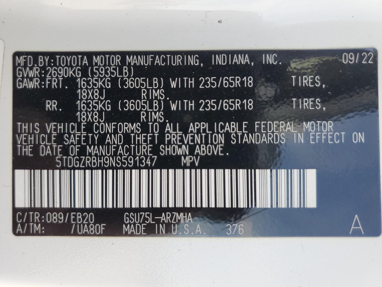 2022 TOYOTA HIGHLANDER XLE VIN:5TDGZRBH9NS591347