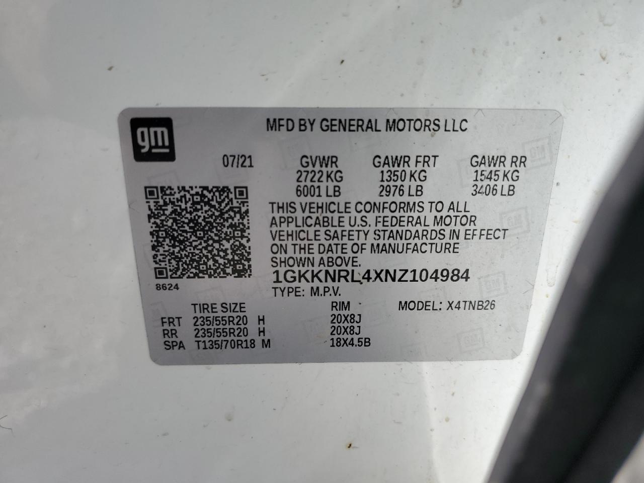 2022 GMC ACADIA SLE VIN:1GKKNRL4XNZ104984