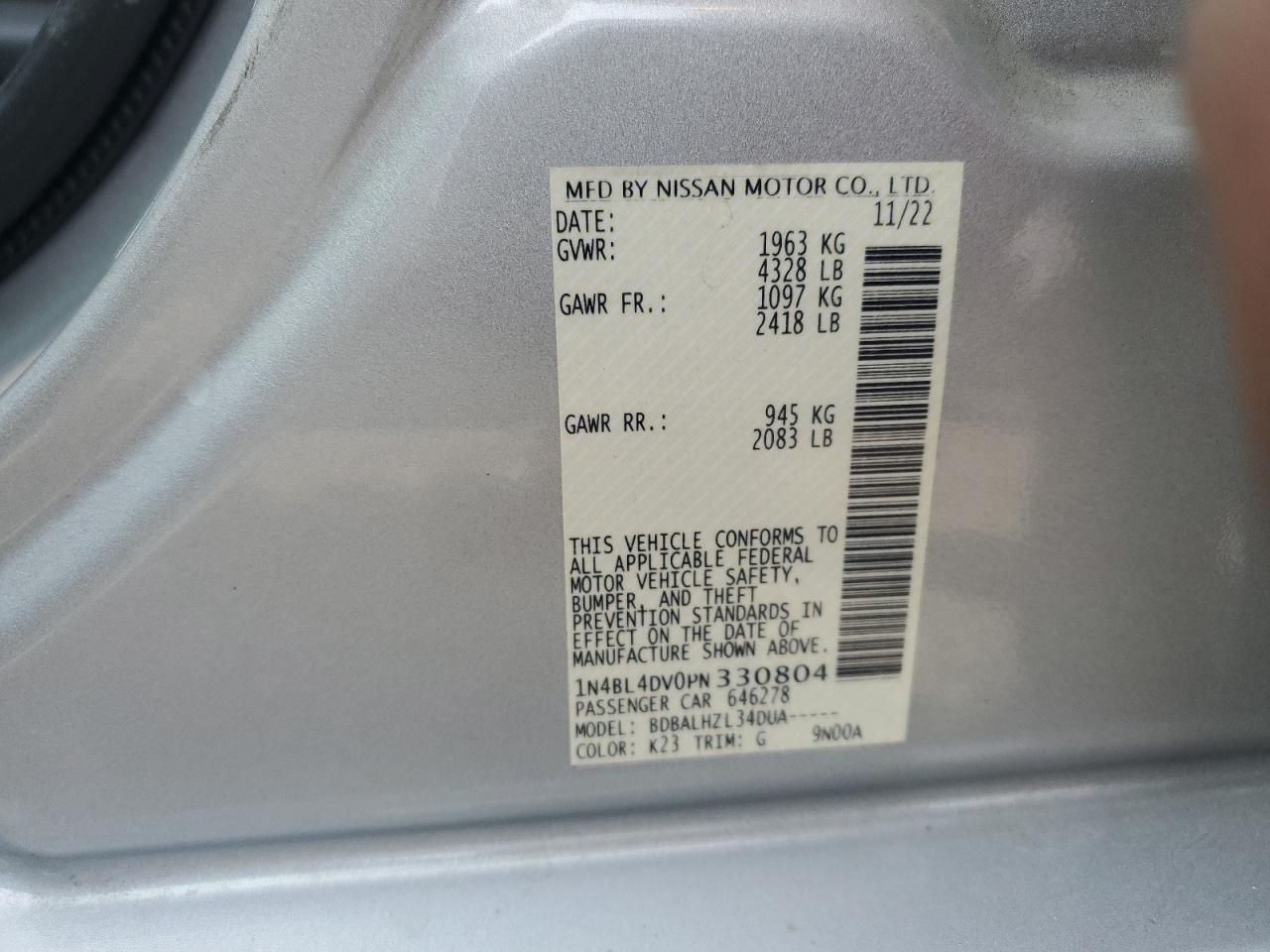 2023 NISSAN ALTIMA SV VIN:1N4BL4DV0PN330804