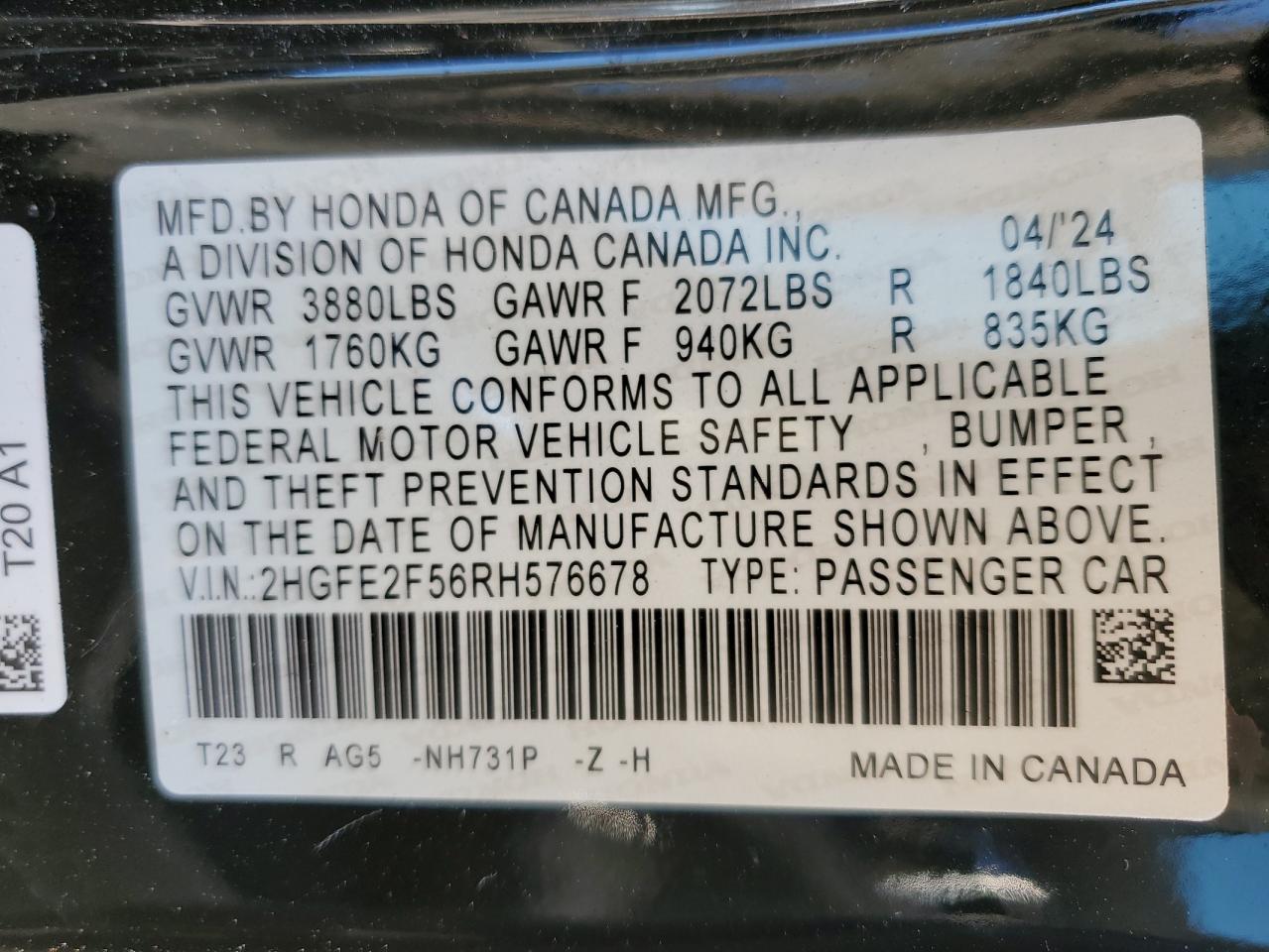2024 HONDA CIVIC SPORT VIN:2HGFE2F56RH576678