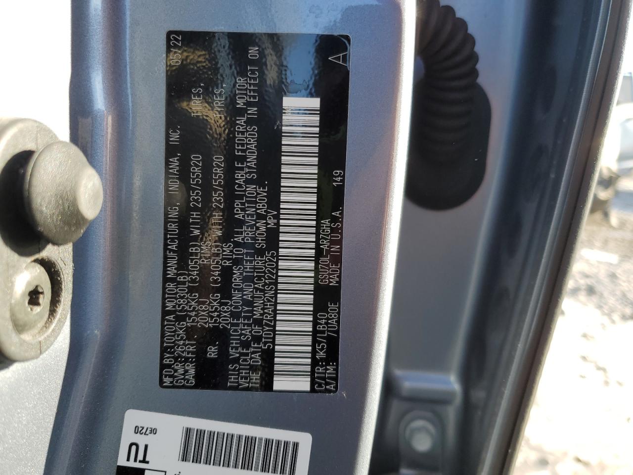 2022 TOYOTA HIGHLANDER LIMITED VIN:5TDYZRAH2NS122025