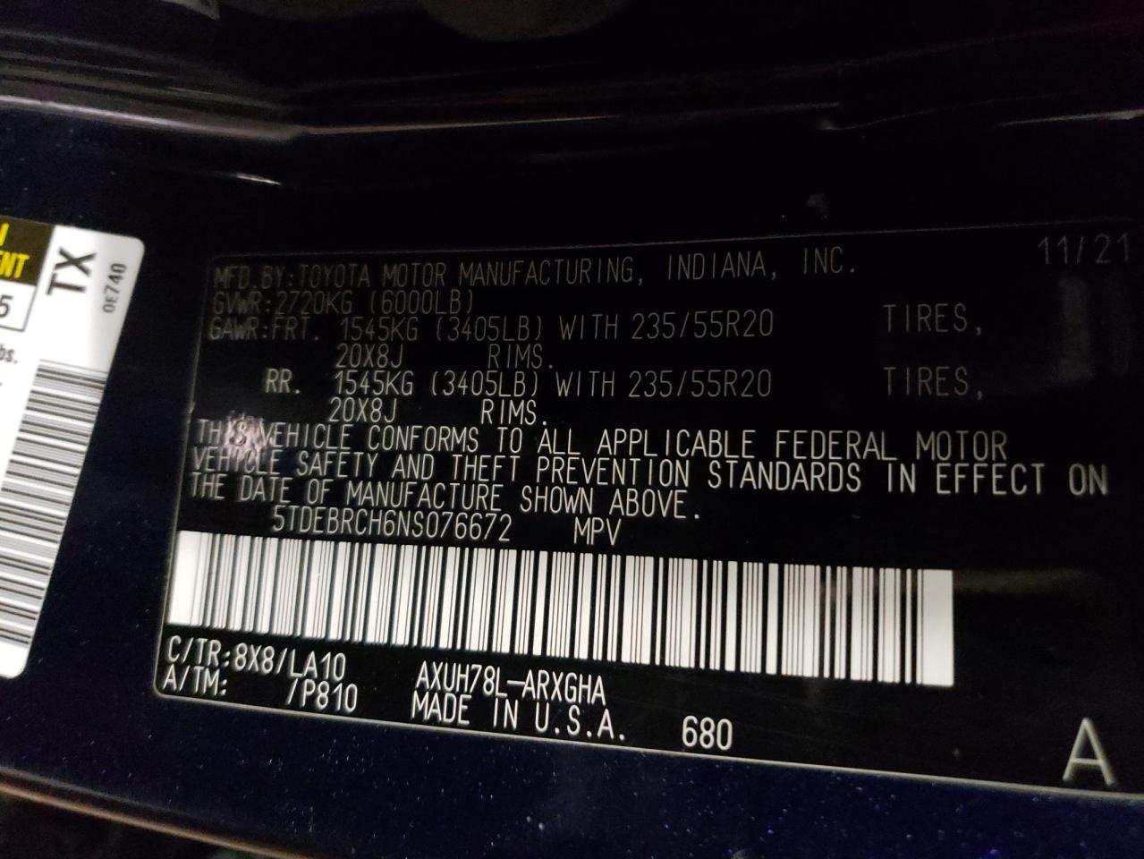 2022 TOYOTA HIGHLANDER HYBRID PLATINUM VIN:5TDEBRCH6NS076672
