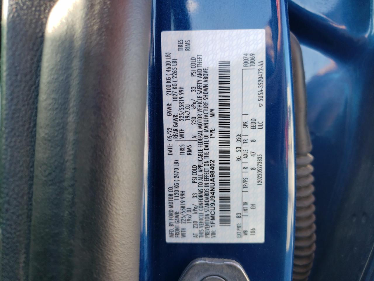 2022 FORD ESCAPE TITANIUM VIN:1FMCU9J94NUA98402