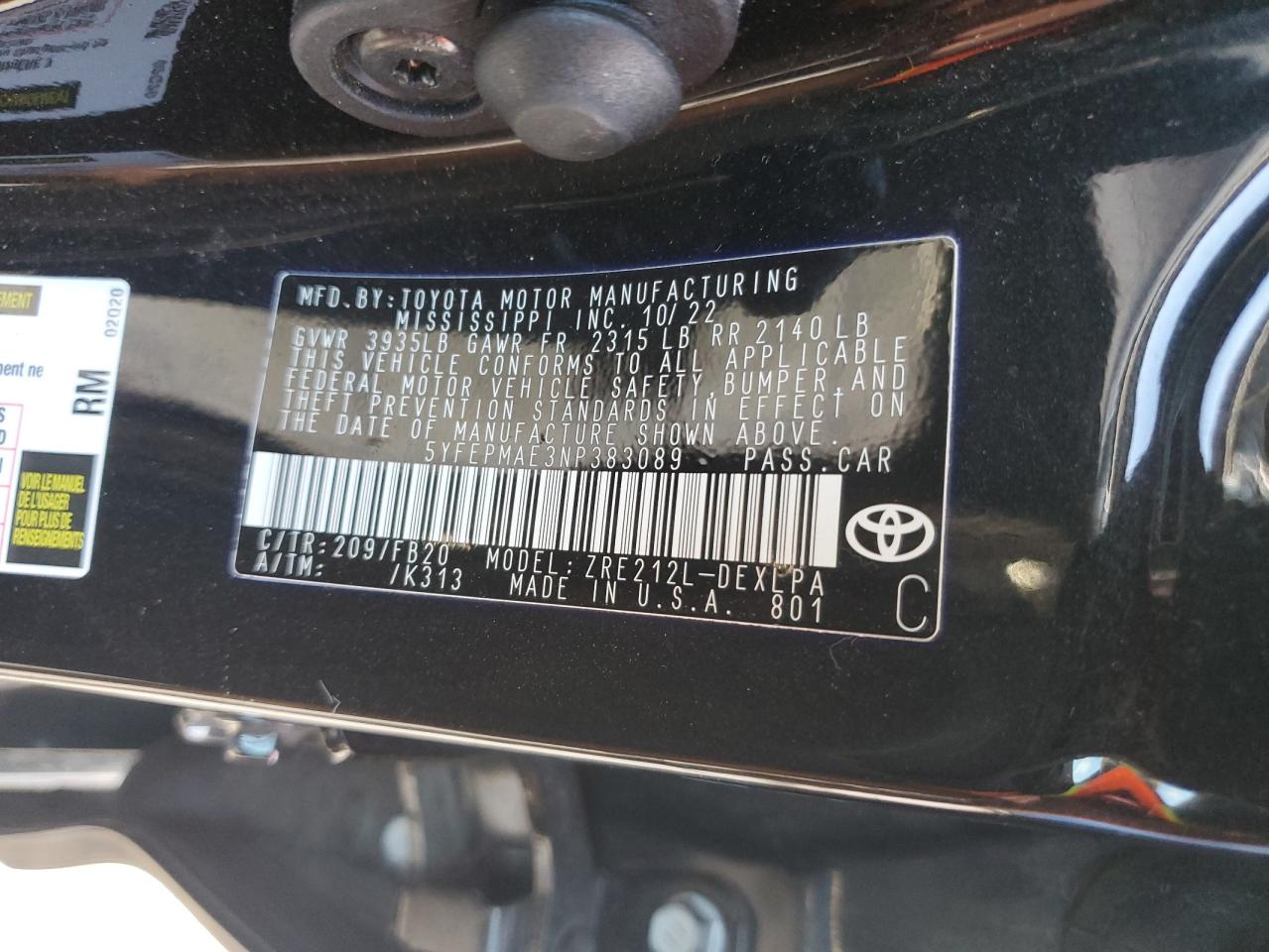 2022 TOYOTA COROLLA LE VIN:5YFEPMAE3NP383089