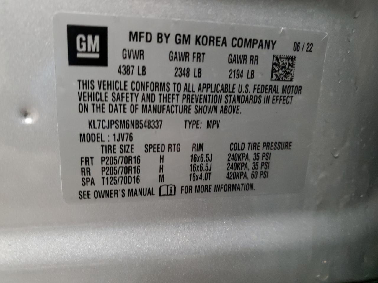 2022 CHEVROLET TRAX 1LT VIN:KL7CJPSM6NB548337