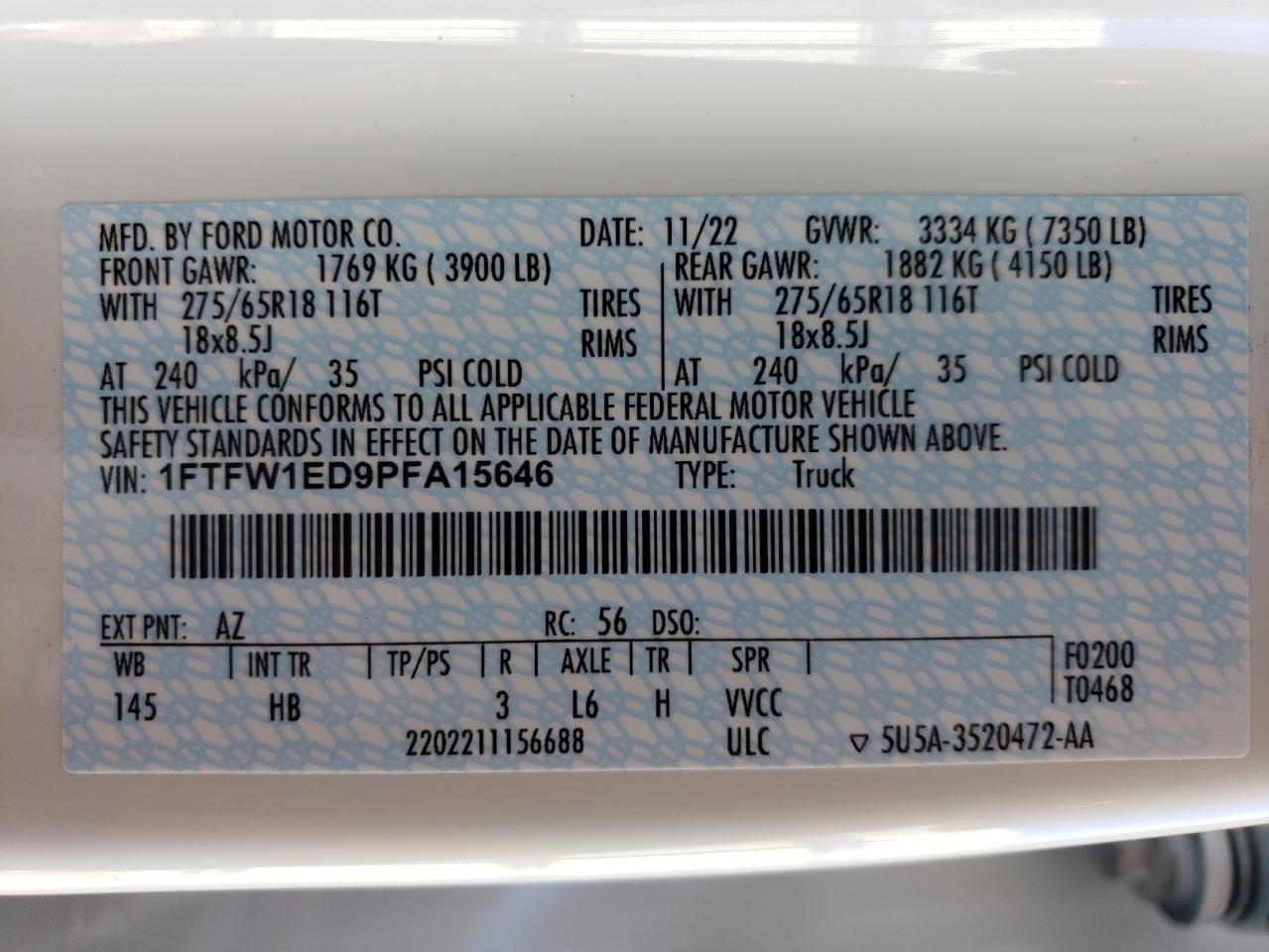 2023 FORD F150 SUPERCREW VIN:1FTFW1ED9PFA15646