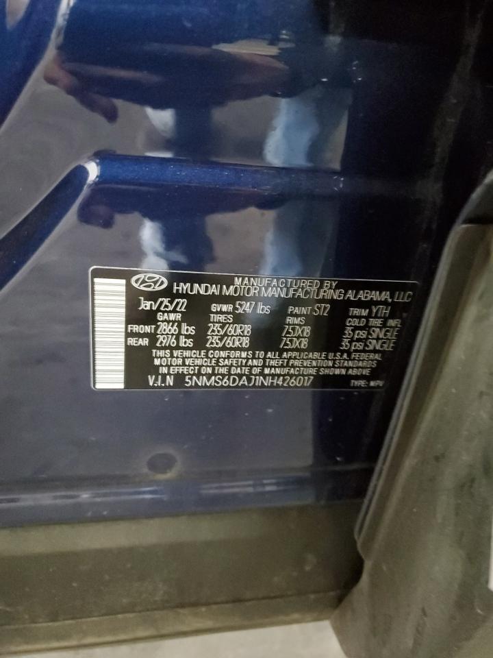 2022 HYUNDAI SANTA FE SEL VIN:5NMS6DAJ1NH426017