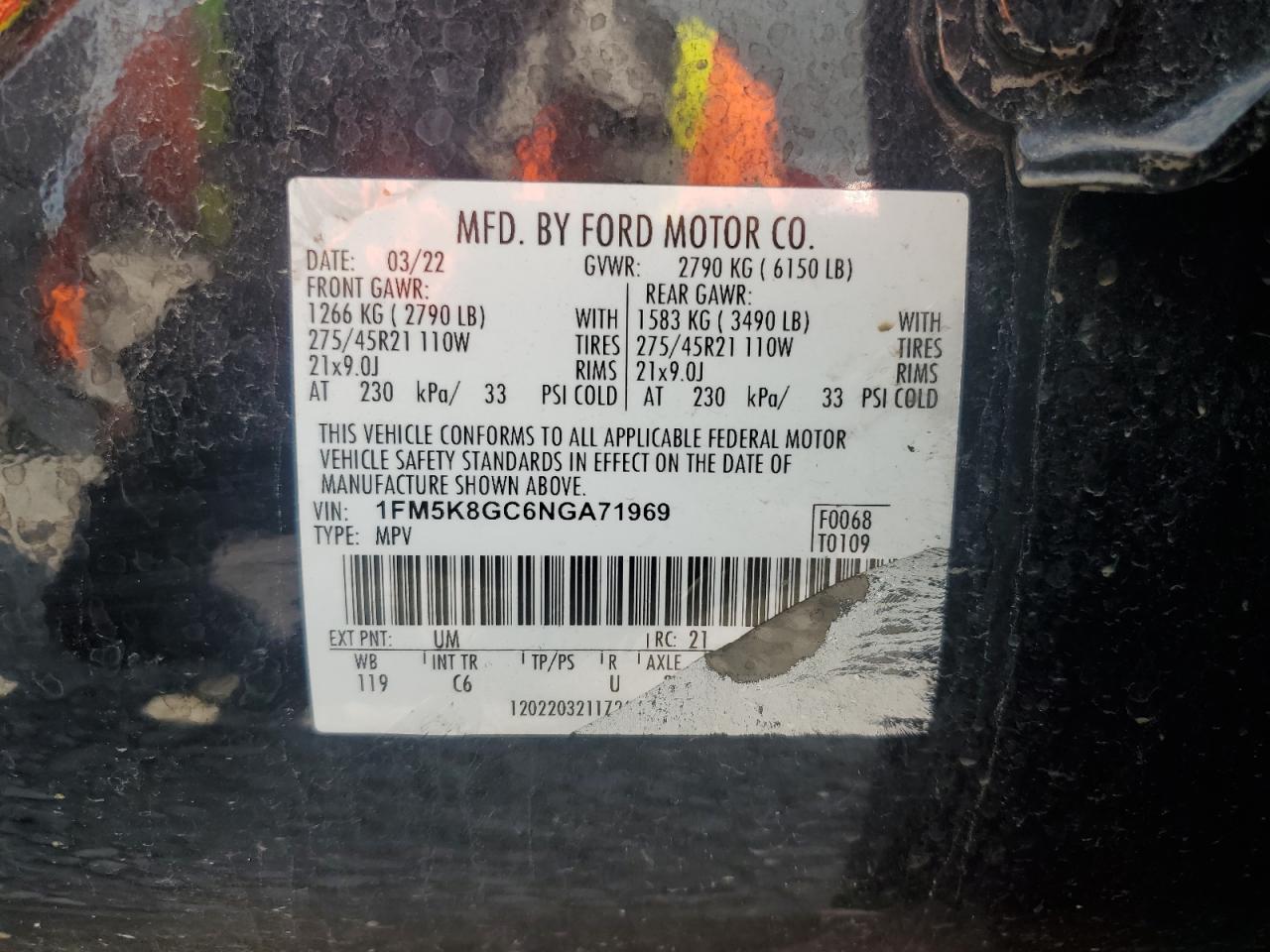 2022 FORD EXPLORER ST VIN:1FM5K8GC6NGA71969