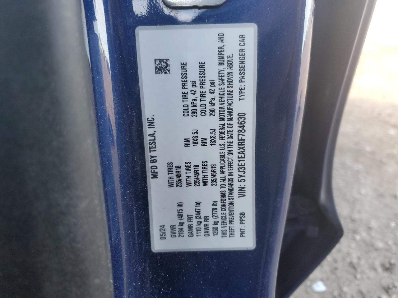 2024 TESLA MODEL 3  VIN:5YJ3E1EAXRF784630