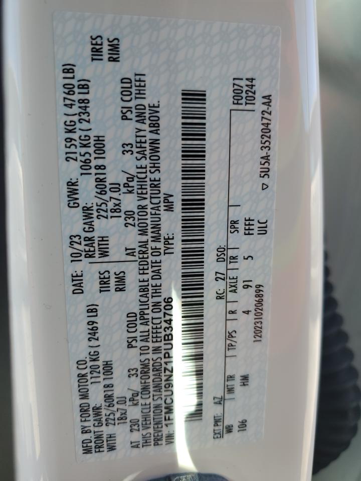 2023 FORD ESCAPE ST LINE SELECT VIN:1FMCU9NZ1PUB34706