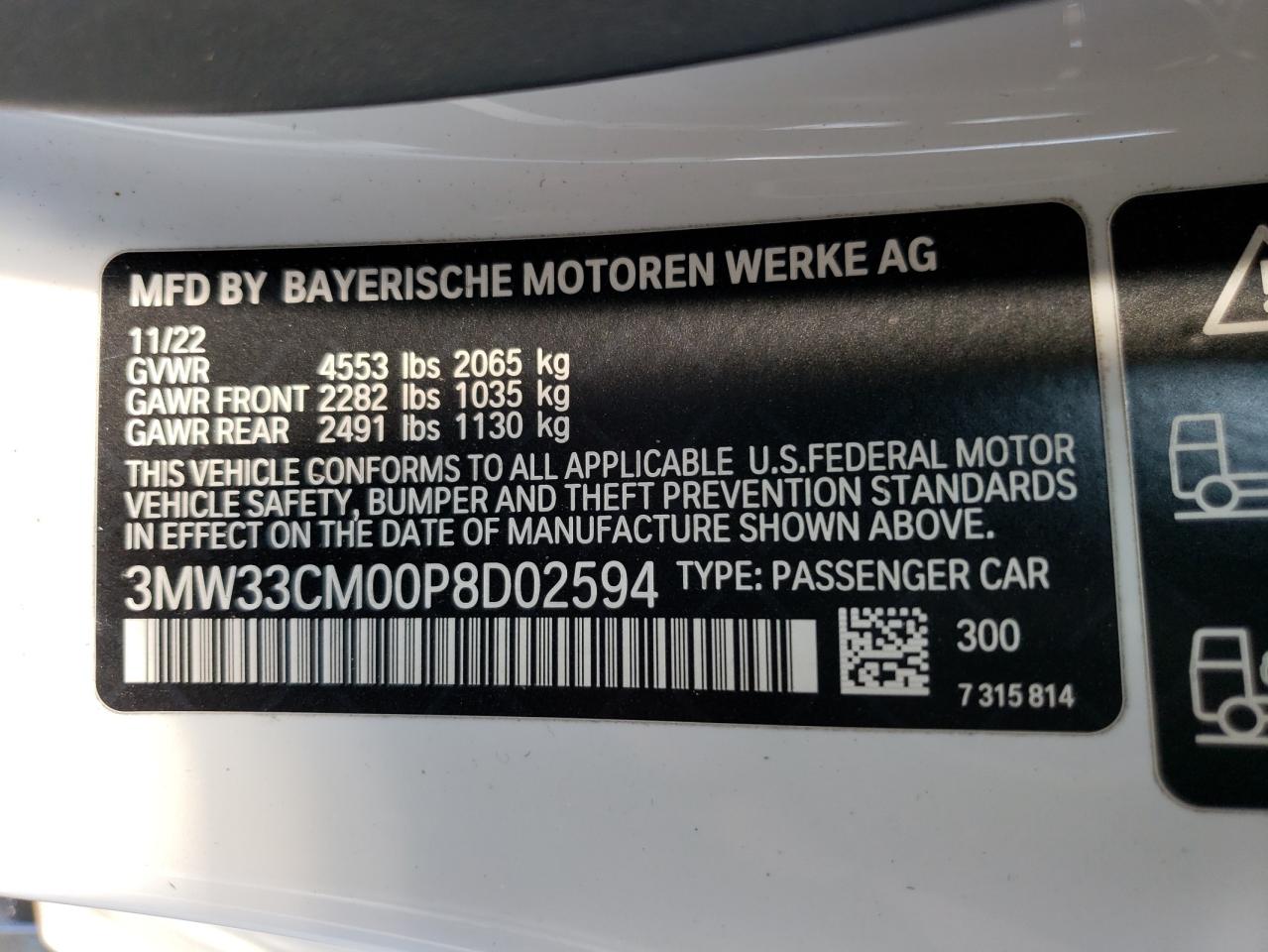 2023 BMW 230XI  VIN:3MW33CM00P8D02594