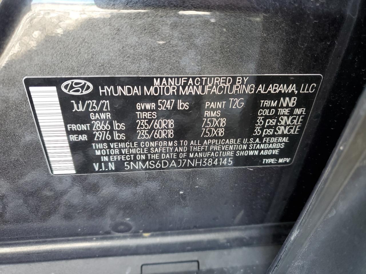 2022 HYUNDAI SANTA FE SEL VIN:5NMS6DAJ7NH384145