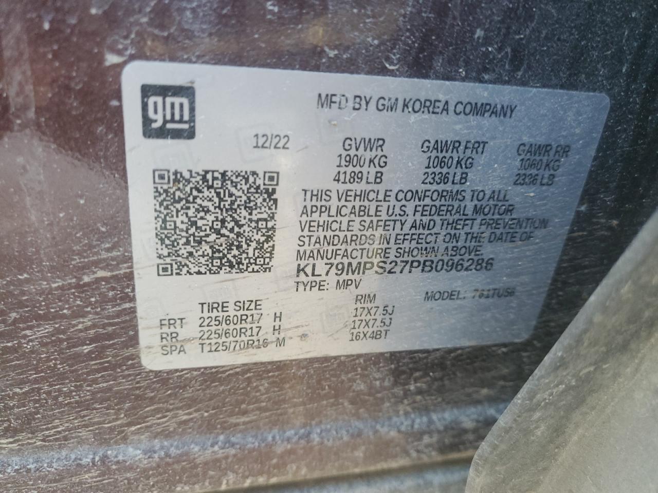 2023 CHEVROLET TRAILBLAZER LT VIN:KL79MPS27PB096286