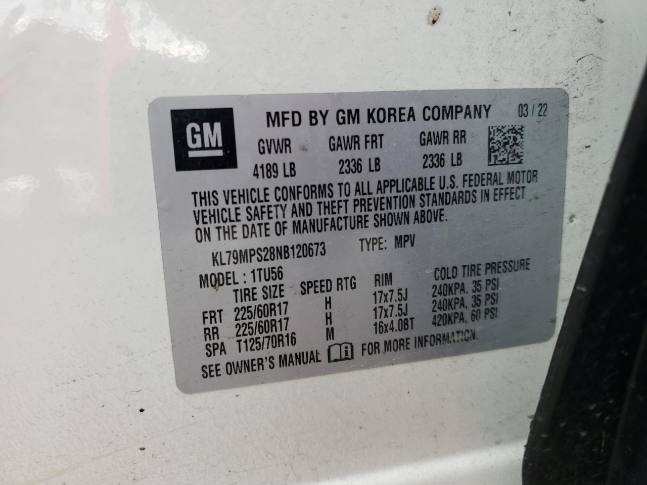 2022 CHEVROLET TRAILBLAZER LT VIN:KL79MPS28NB120673