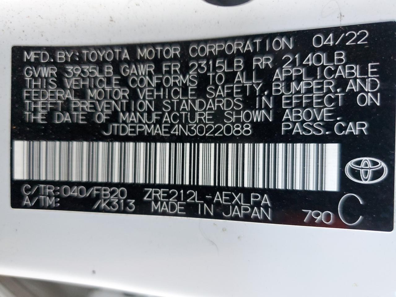 2022 TOYOTA COROLLA LE VIN:JTDEPMAE4N3022088