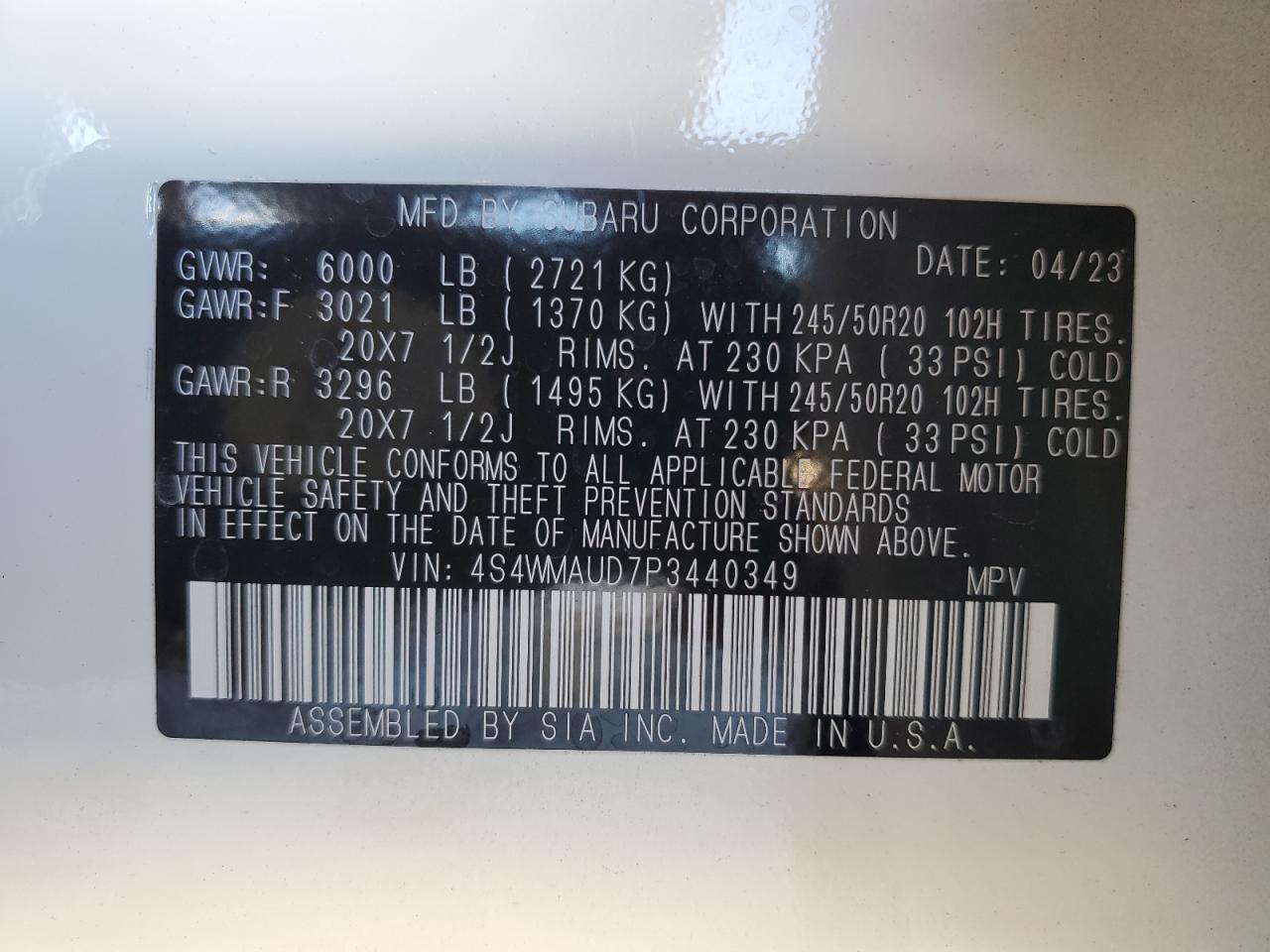 2023 SUBARU ASCENT LIMITED VIN:4S4WMAUD7P3440349