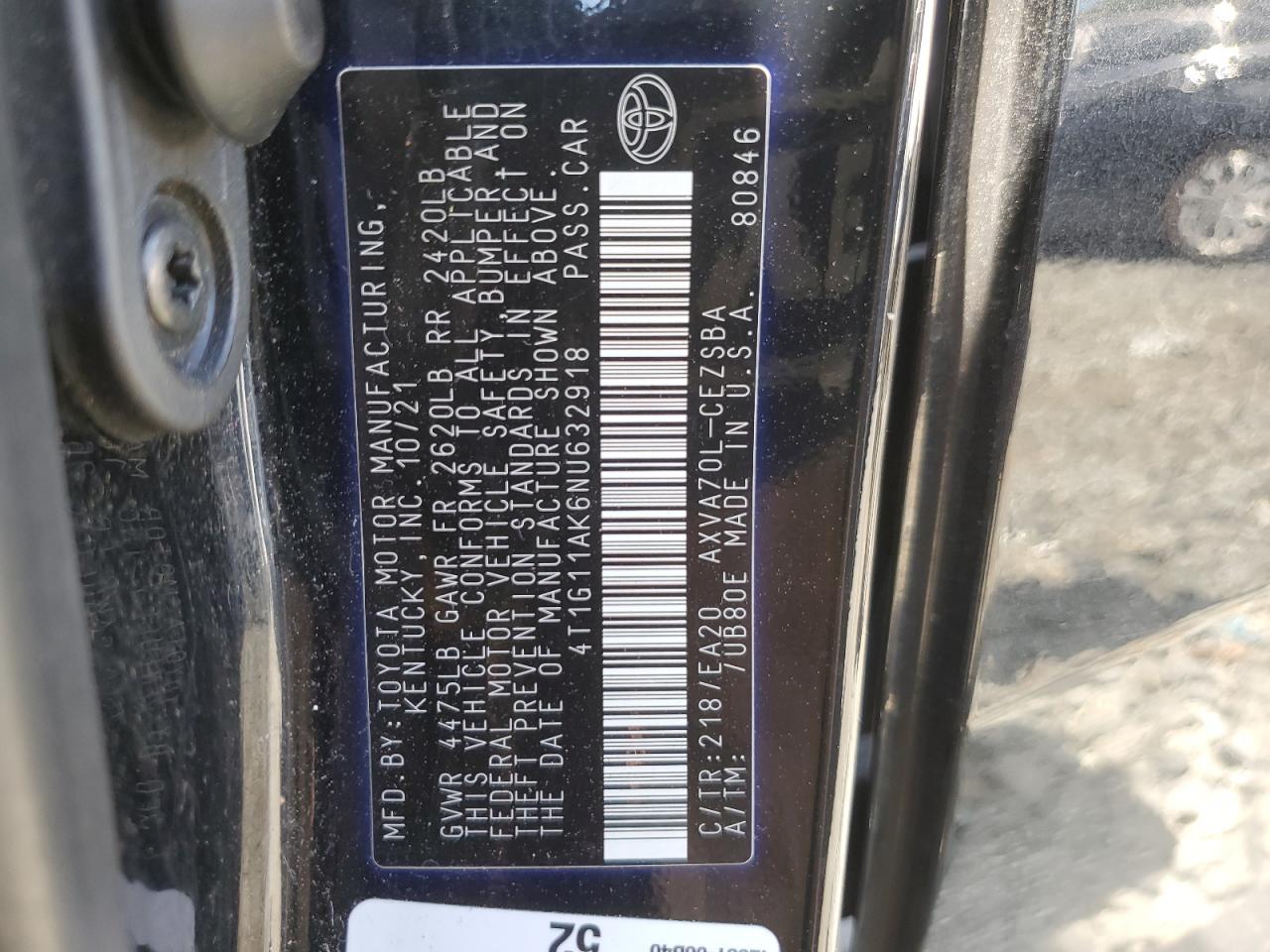 2022 TOYOTA CAMRY SE VIN:4T1G11AK6NU632918