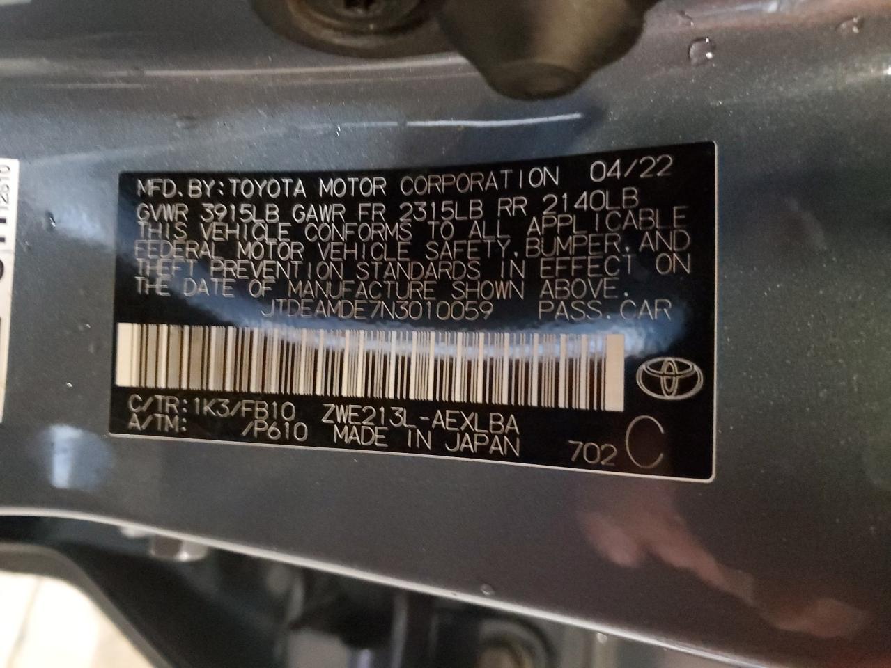 2022 TOYOTA COROLLA LE VIN:JTDEAMDE7N3010059