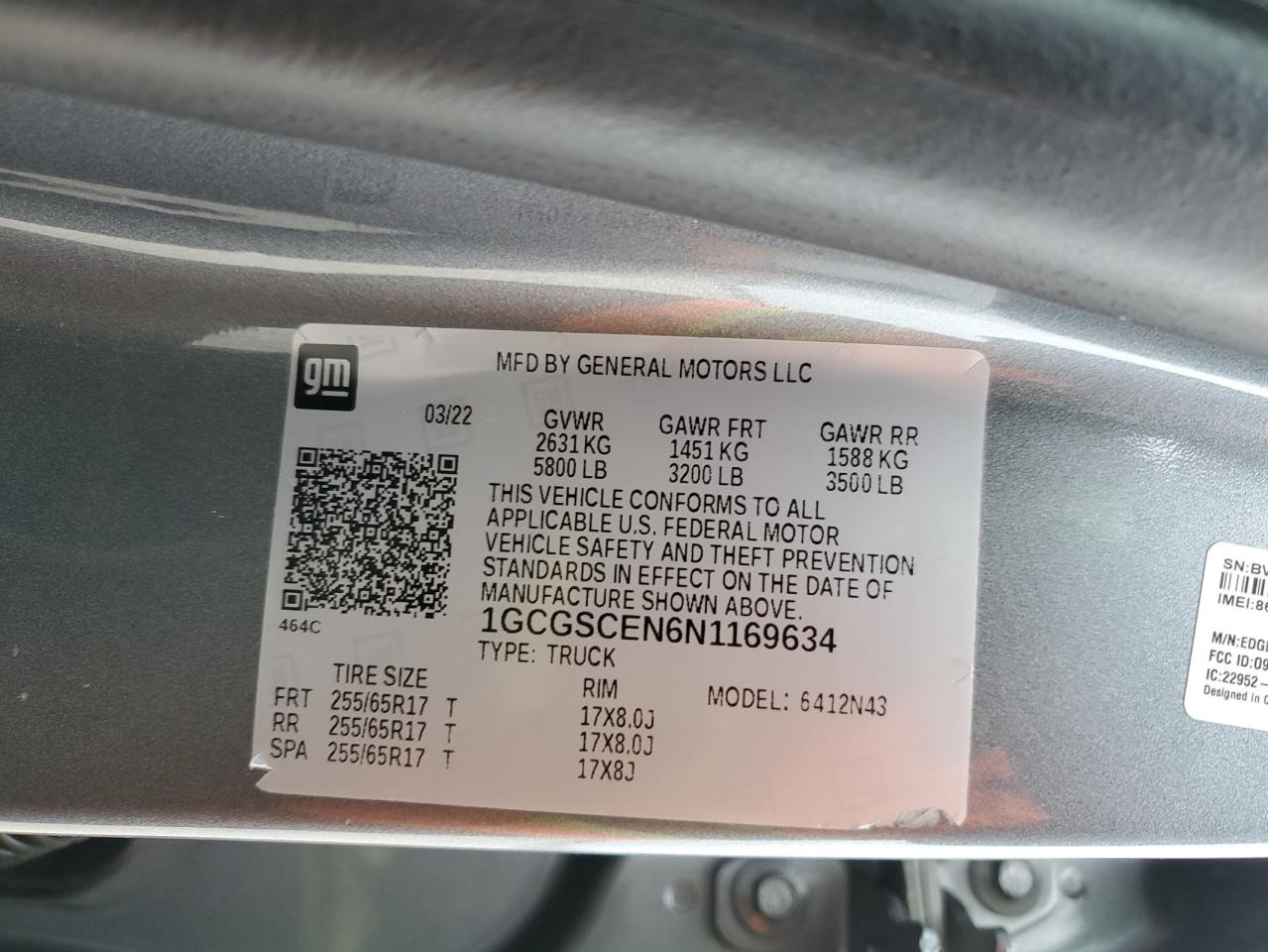 2022 CHEVROLET COLORADO LT VIN:1GCGSCEN6N1169634