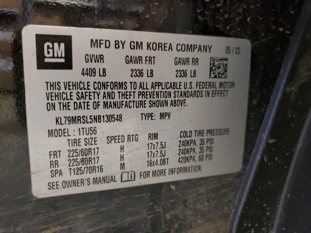 2022 CHEVROLET TRAILBLAZER LT VIN:KL79MRSL5NB130548