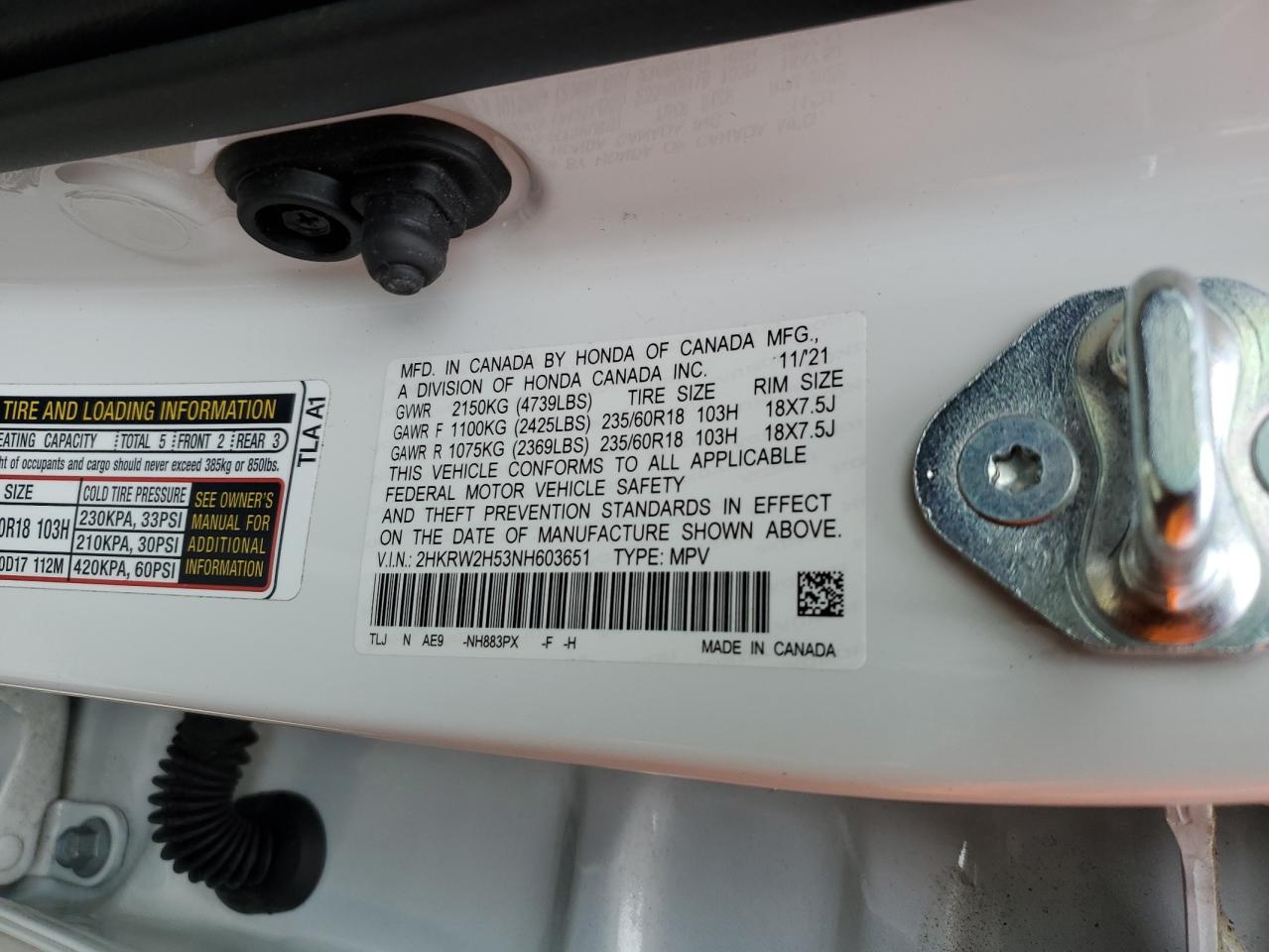 2022 HONDA CR-V EX VIN:2HKRW2H53NH603651