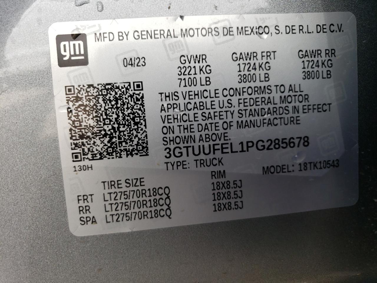 2023 GMC SIERRA K1500 AT4X VIN:3GTUUFEL1PG285678