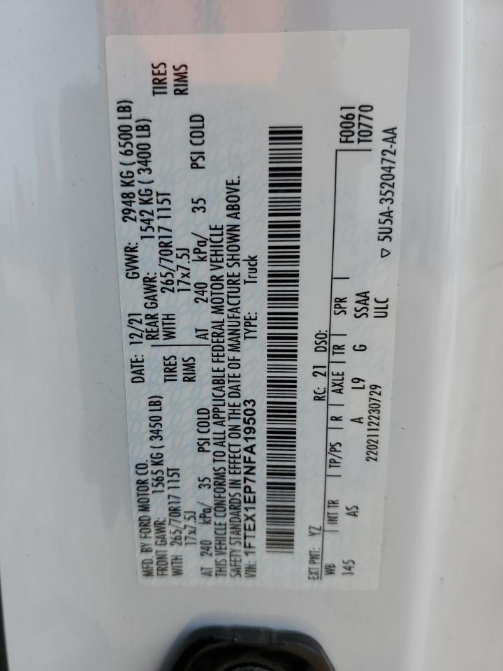 2022 FORD F150 SUPER CAB VIN:1FTEX1EP7NFA19503