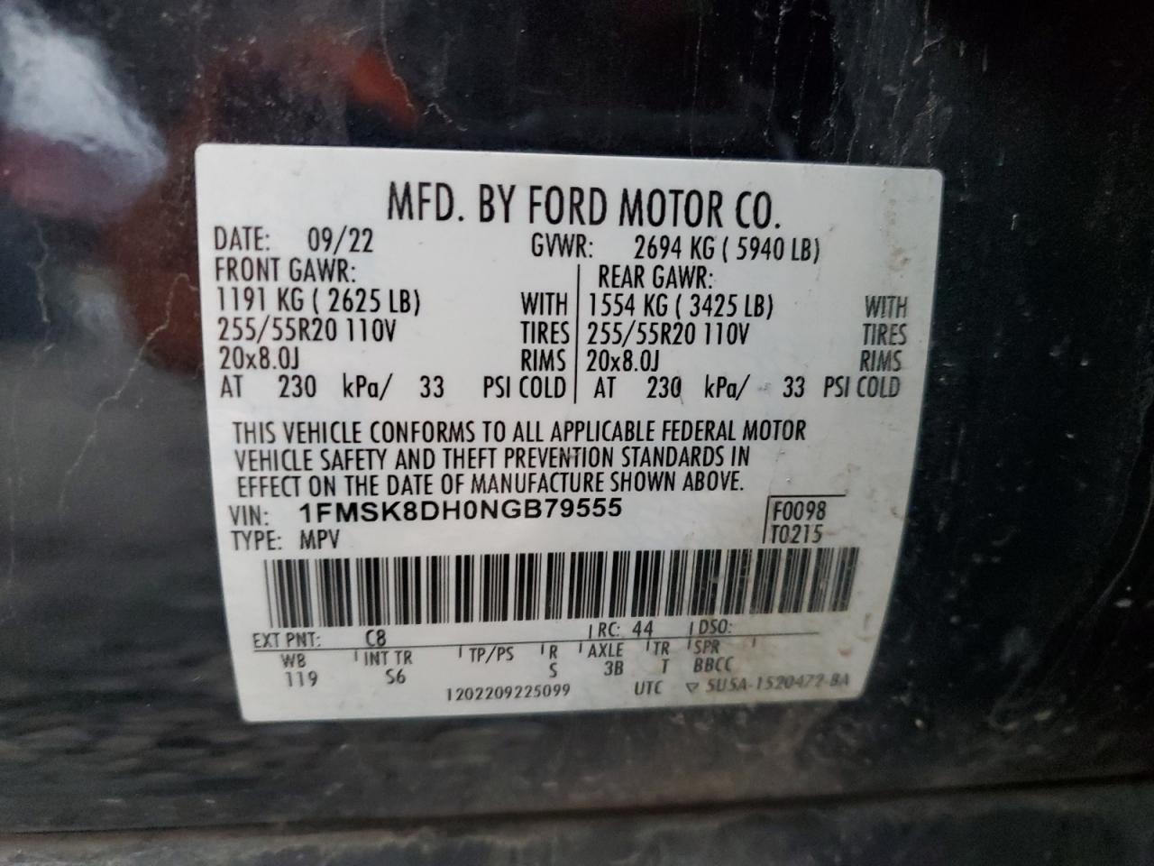 2022 FORD EXPLORER XLT VIN:1FMSK8DH0NGB79555