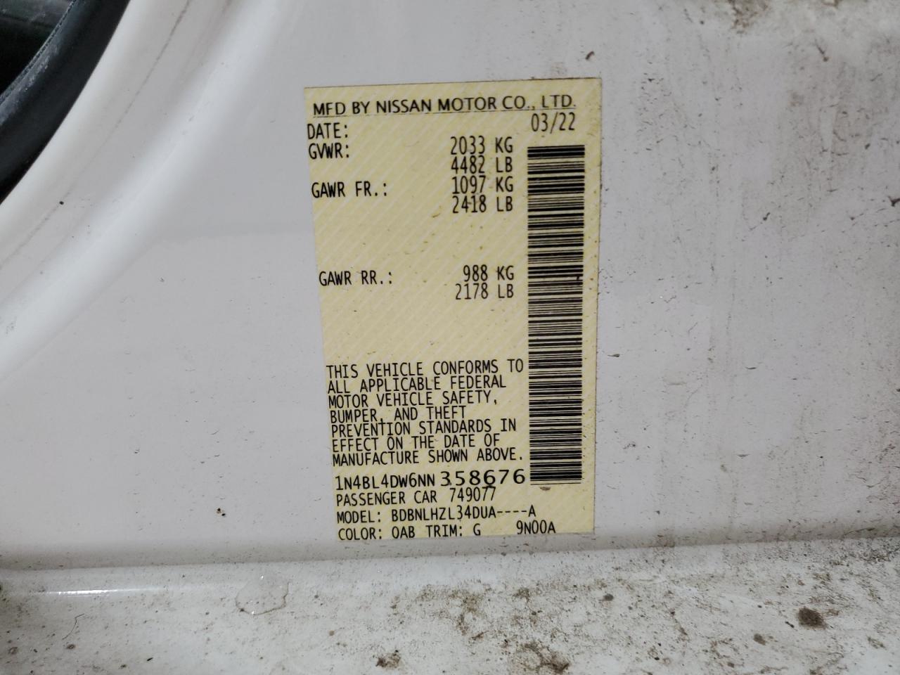 2022 NISSAN ALTIMA SV VIN:1N4BL4DW6NN358676