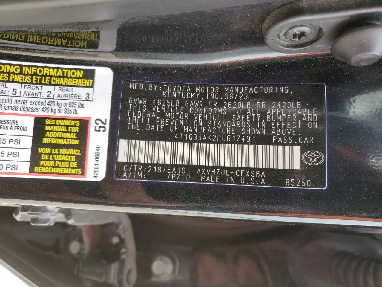 2023 TOYOTA CAMRY SE NIGHT SHADE VIN:4T1G31AK2PU617491