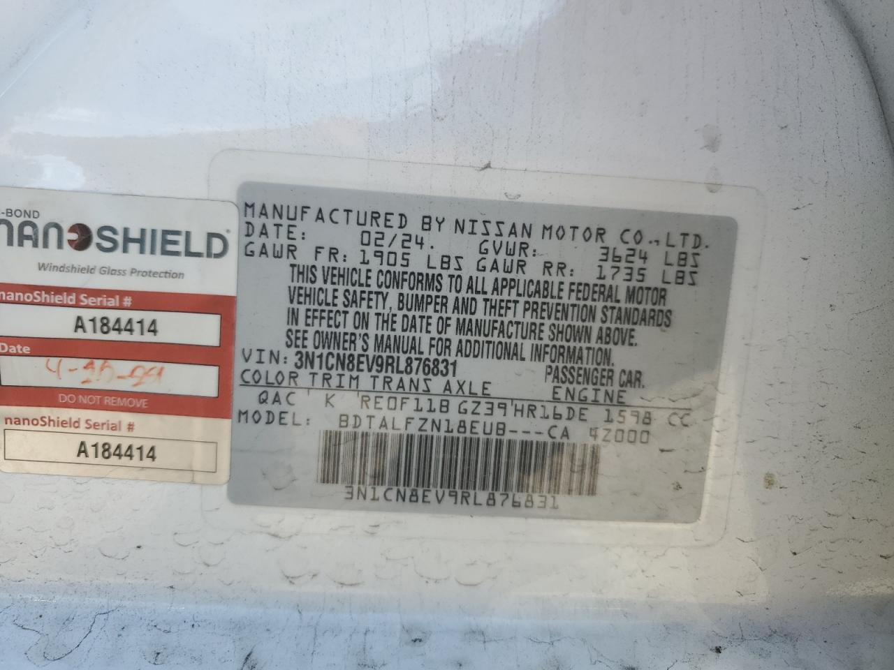 2024 NISSAN VERSA SV VIN:3N1CN8EV9RL876831