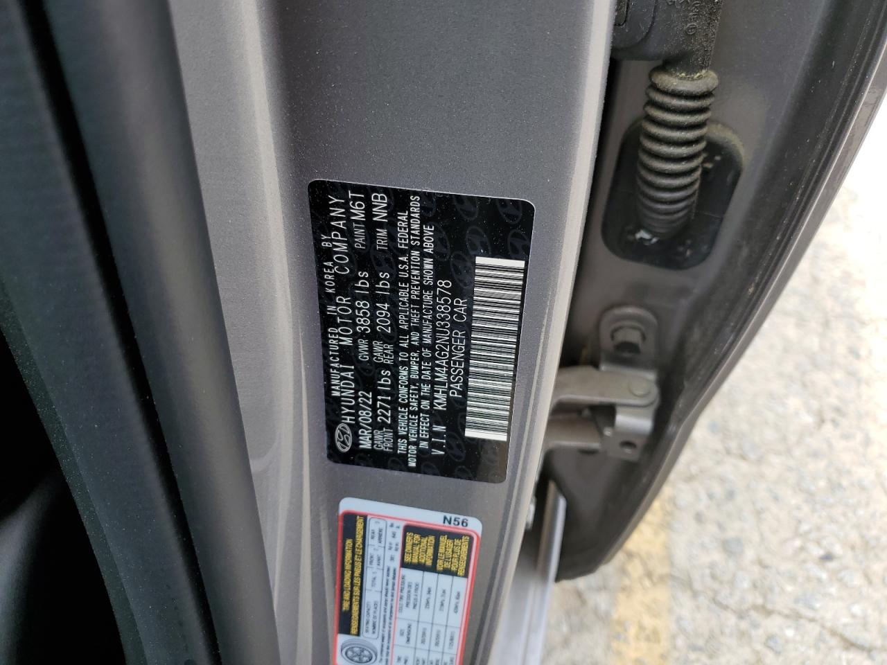 2022 HYUNDAI ELANTRA SEL VIN:KMHLM4AG2NU338578