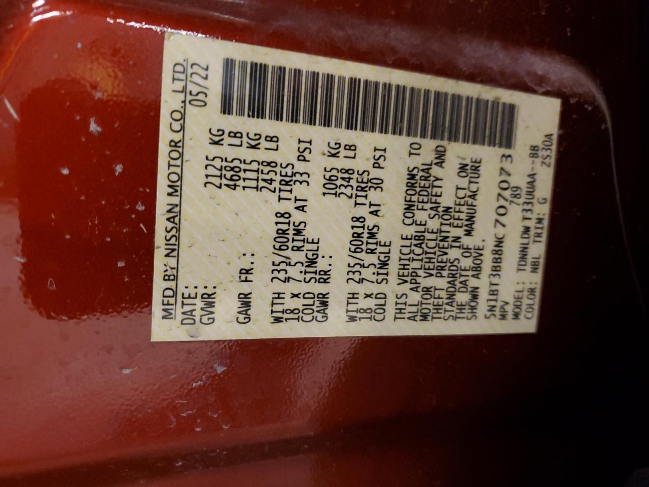 2022 NISSAN ROGUE SV VIN:5N1BT3BB8NC707073