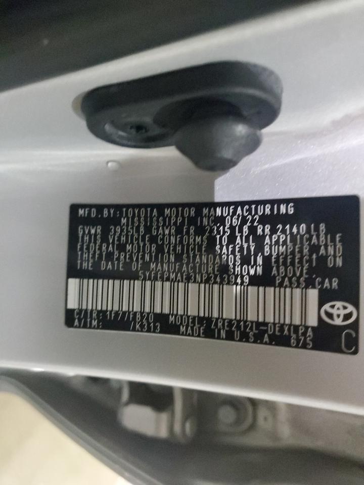 2022 TOYOTA COROLLA LE VIN:5YFEPMAE3NP343949