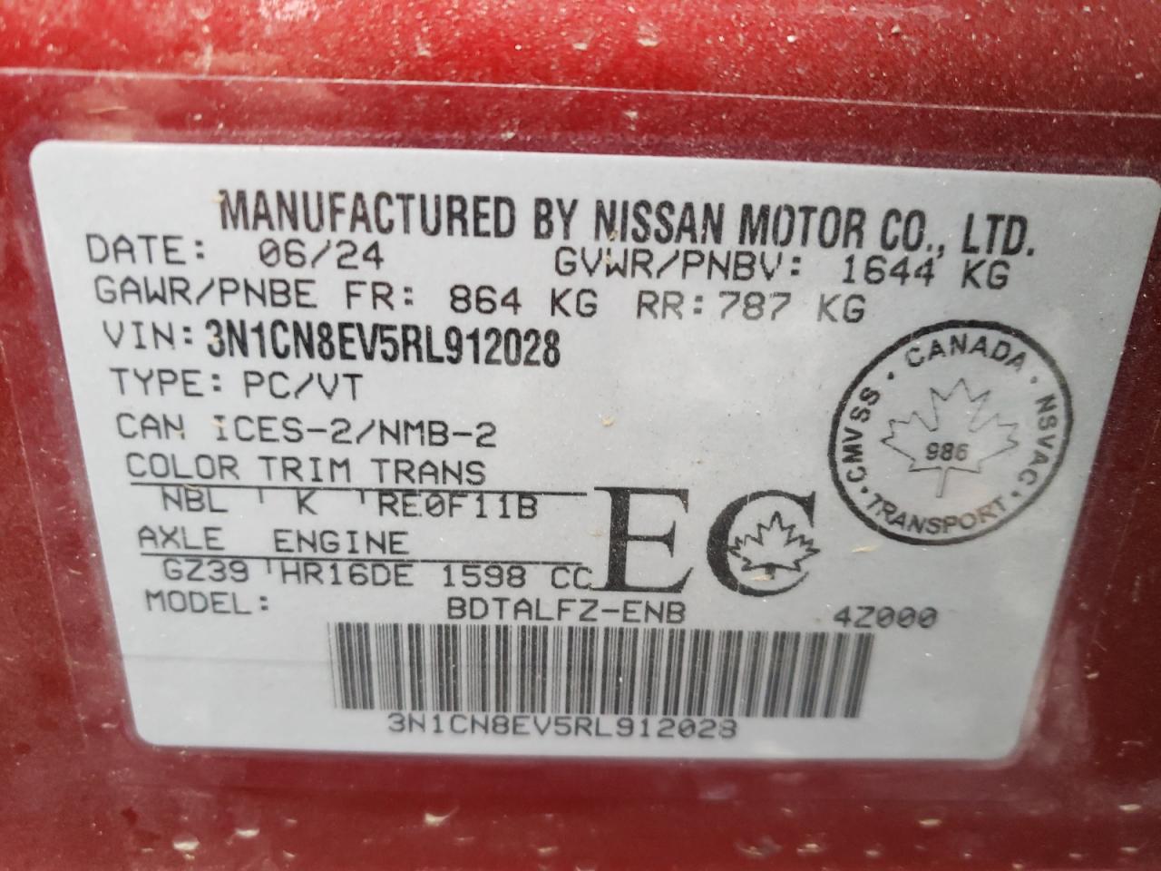 2024 NISSAN VERSA SV VIN:3N1CN8EV5RL912028