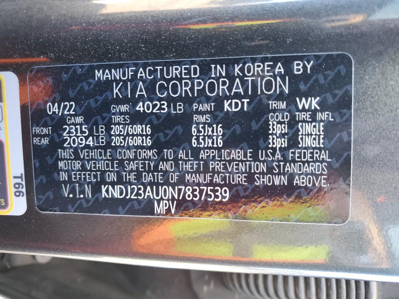 2022 KIA SOUL LX VIN:KNDJ23AU0N7837539