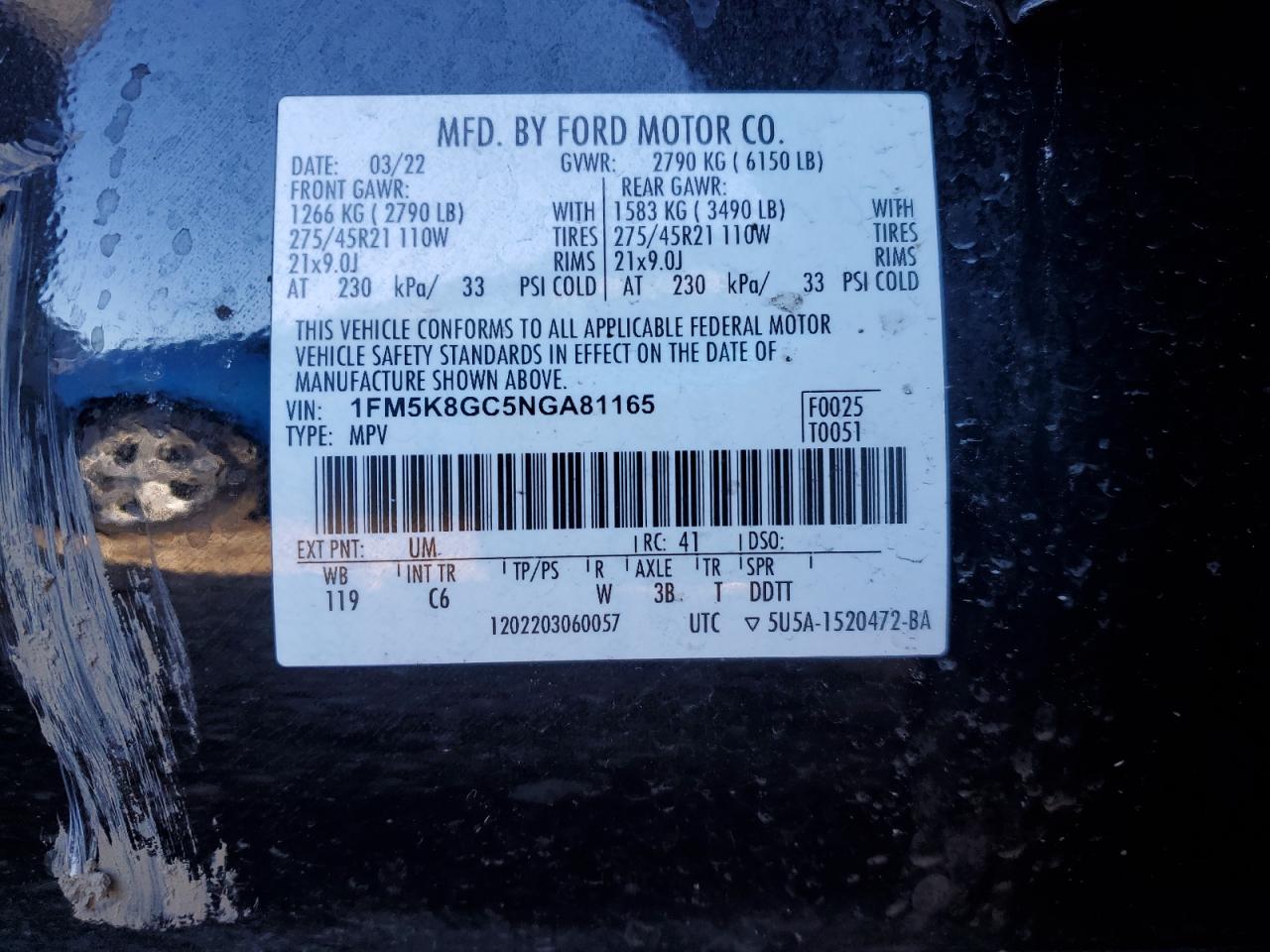 2022 FORD EXPLORER ST VIN:1FM5K8GC5NGA81165