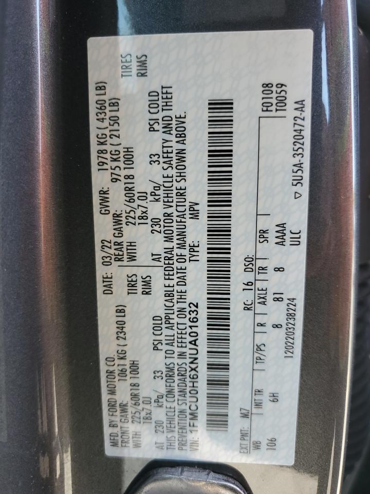 2022 FORD ESCAPE SEL VIN:1FMCU0H6XNUA01632