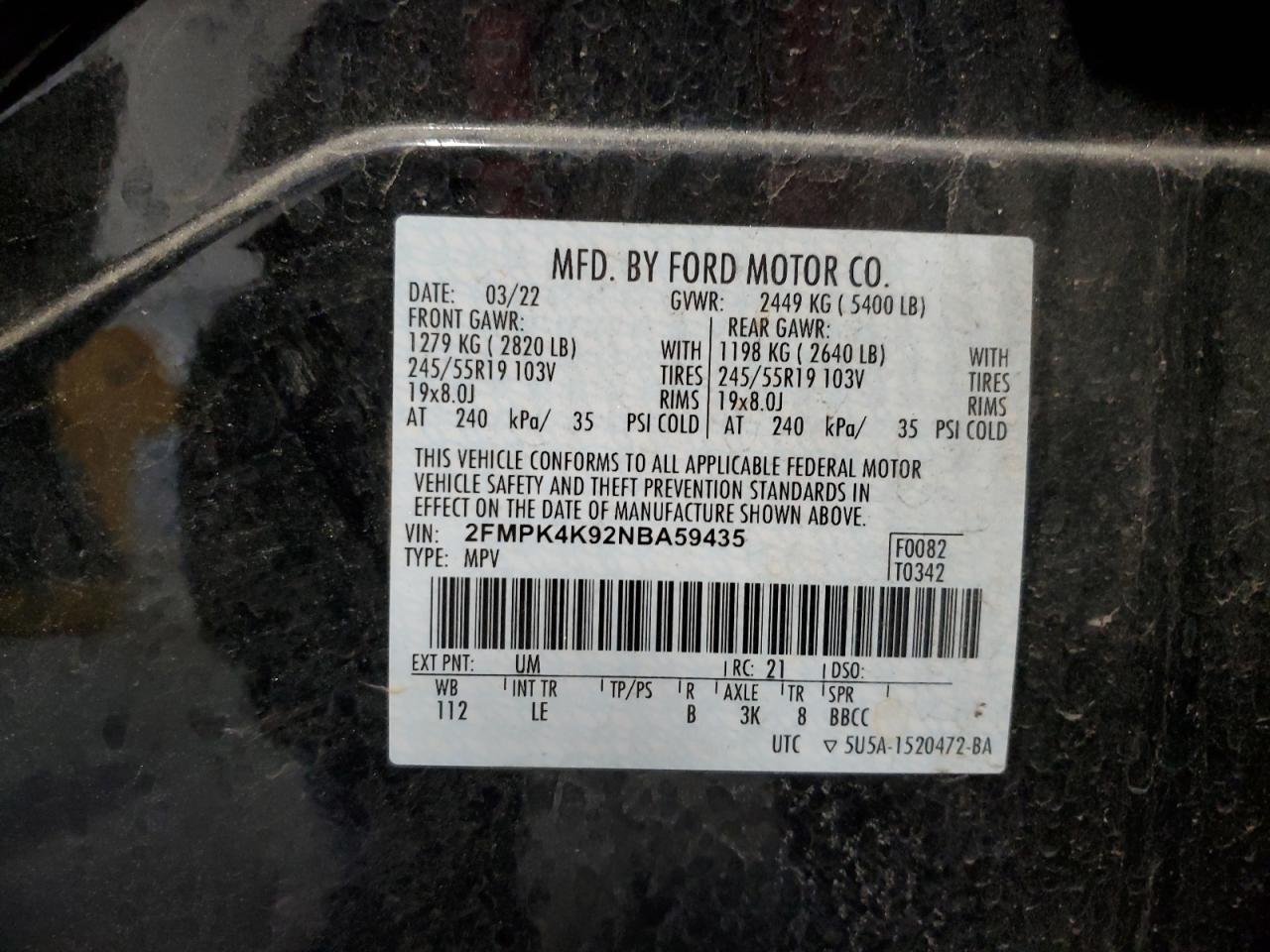 2022 FORD EDGE TITANIUM VIN:2FMPK4K92NBA59435
