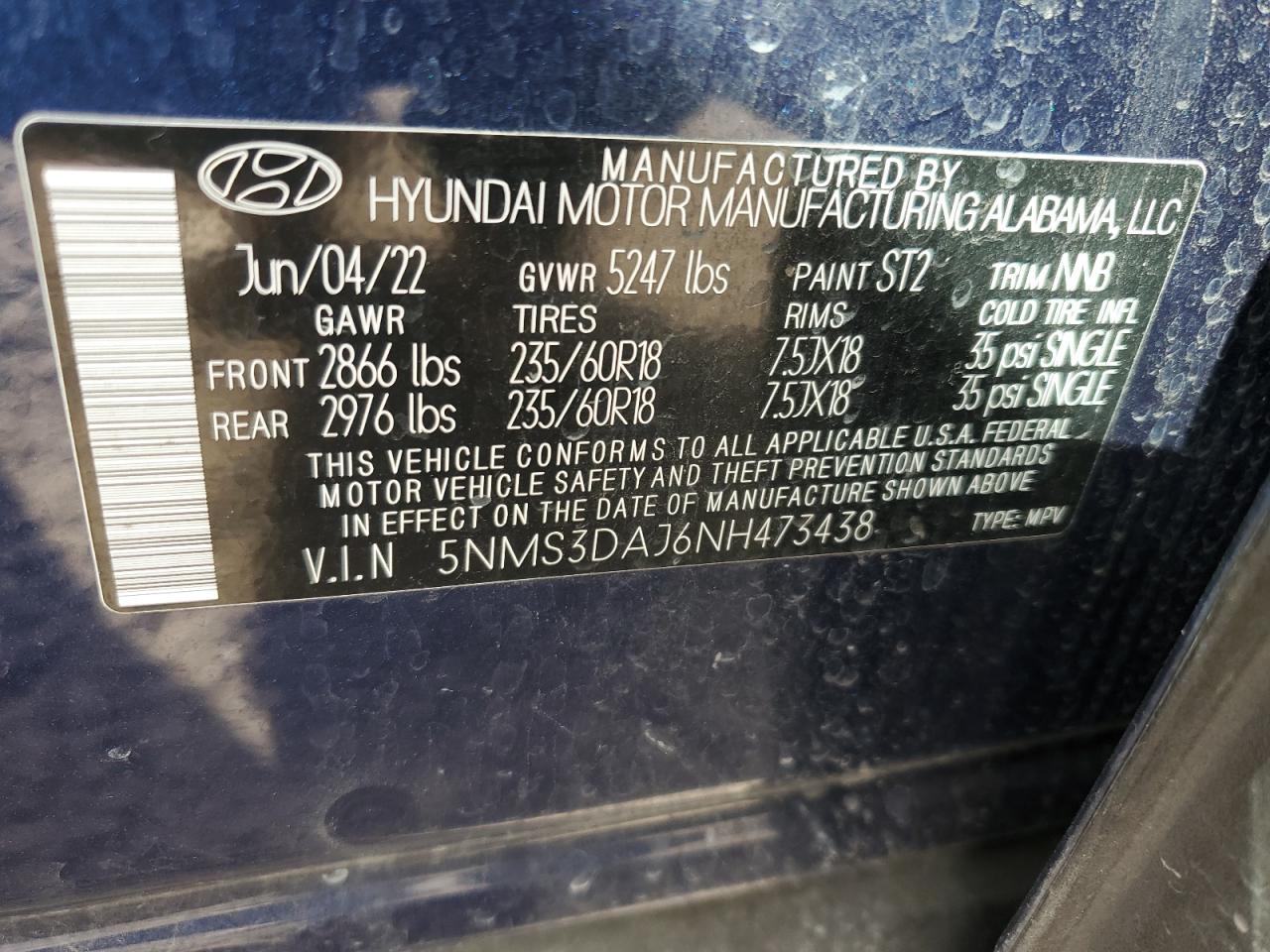 2022 HYUNDAI SANTA FE SEL VIN:5NMS3DAJ6NH473438